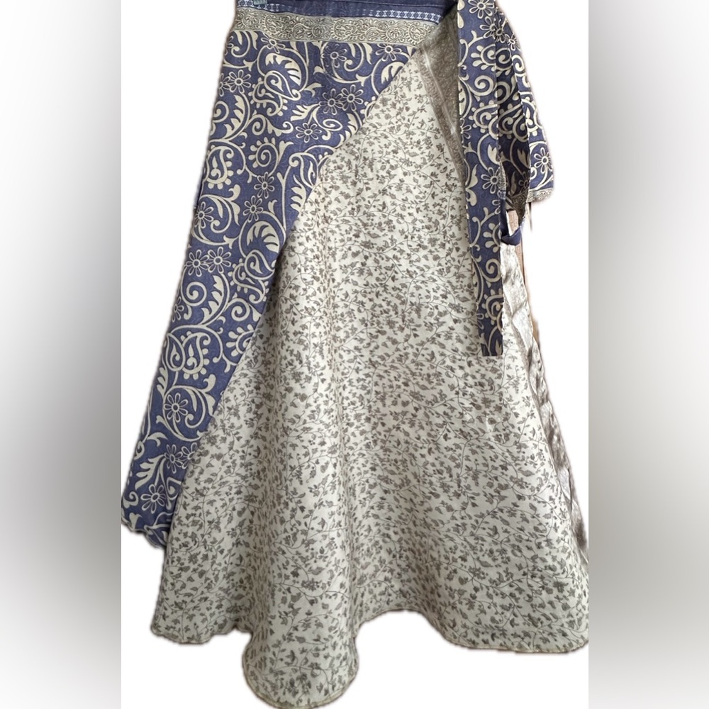 Blue & Cream Printed Recycled Sari Wrap Maxi Skirt